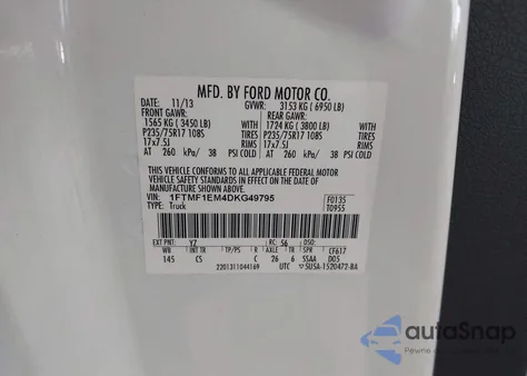 2013 Ford F-150 Xl из США, поврежденный, VIN 1FTMF1EM4DKG49795